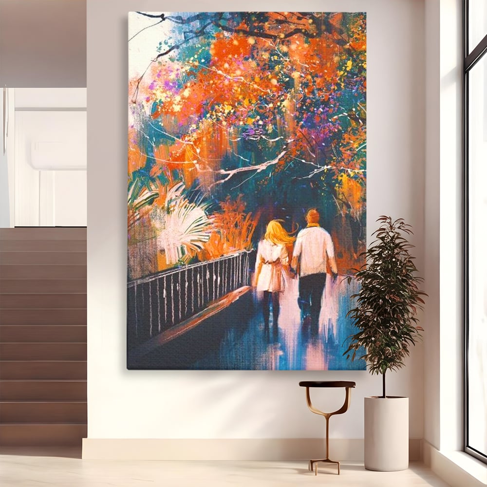 Tablou Canvas Premium LuxCanva® E1034, Tindandu-se de Mana in Parc, Toamna, Ruginiu, Natura, Parc, Cuplu, Living Room, Culori vibrante