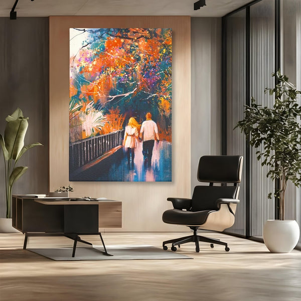 Tablou Canvas Premium LuxCanva® E1034, Tindandu-se de Mana in Parc, Toamna, Ruginiu, Natura, Parc, Cuplu, Living Room, Culori vibrante
