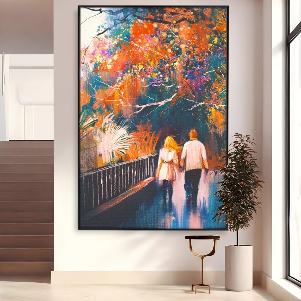 Tablou Canvas Premium LuxCanva® E1034, Tindandu-se de Mana in Parc, Toamna, Ruginiu, Natura, Parc, Cuplu, Living Room, Culori vibrante