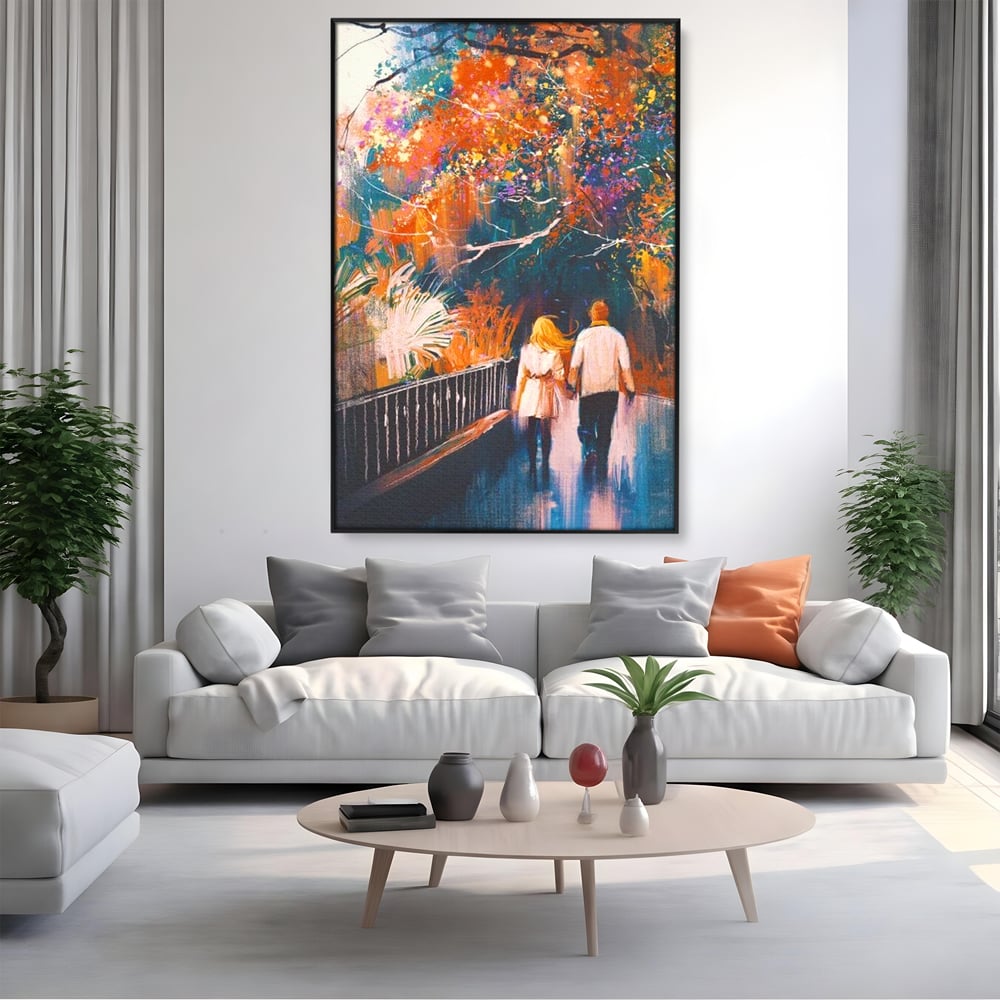 Tablou Canvas Premium LuxCanva® E1034, Tindandu-se de Mana in Parc, Toamna, Ruginiu, Natura, Parc, Cuplu, Living Room, Culori vibrante