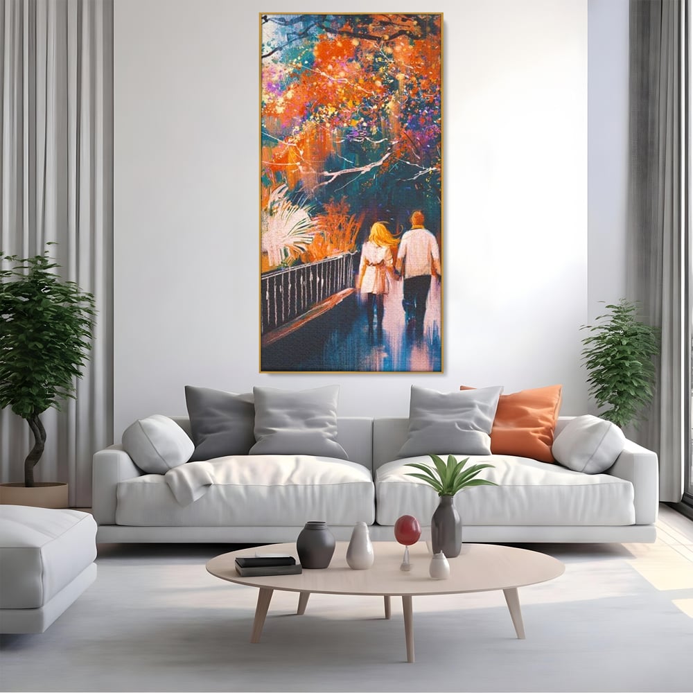 Tablou Canvas Premium LuxCanva® E1034, Tindandu-se de Mana in Parc, Toamna, Ruginiu, Natura, Parc, Cuplu, Living Room, Culori vibrante
