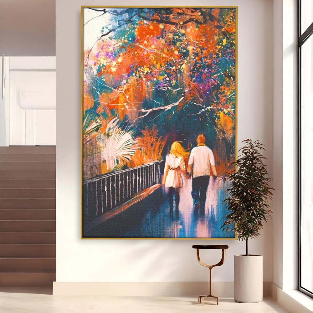 Tablou Canvas Premium LuxCanva® E1034, Tindandu-se de Mana in Parc, Toamna, Ruginiu, Natura, Parc, Cuplu, Living Room, Culori vibrante
