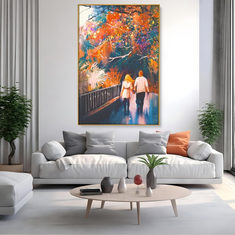 Tablou Canvas Premium LuxCanva® E1034, Tindandu-se de Mana in Parc, Toamna, Ruginiu, Natura, Parc, Cuplu, Living Room, Culori vibrante