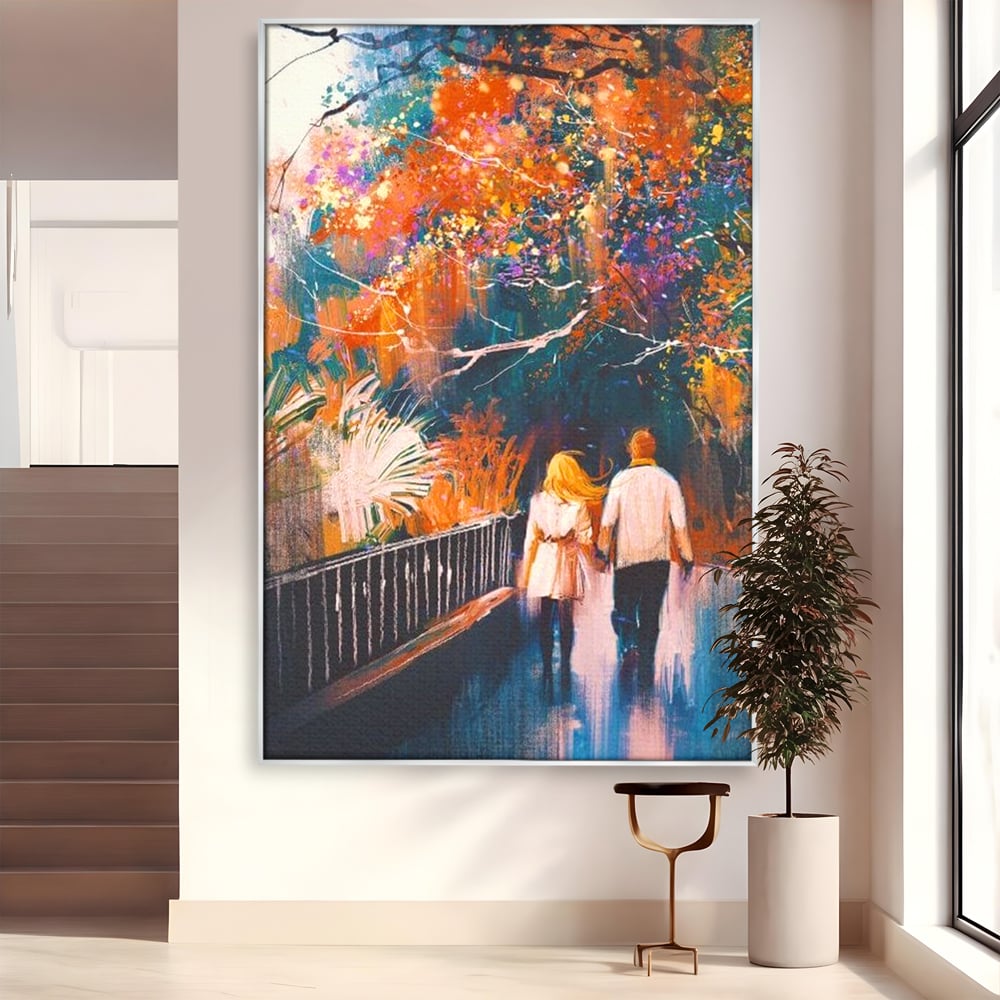 Tablou Canvas Premium LuxCanva® E1034, Tindandu-se de Mana in Parc, Toamna, Ruginiu, Natura, Parc, Cuplu, Living Room, Culori vibrante
