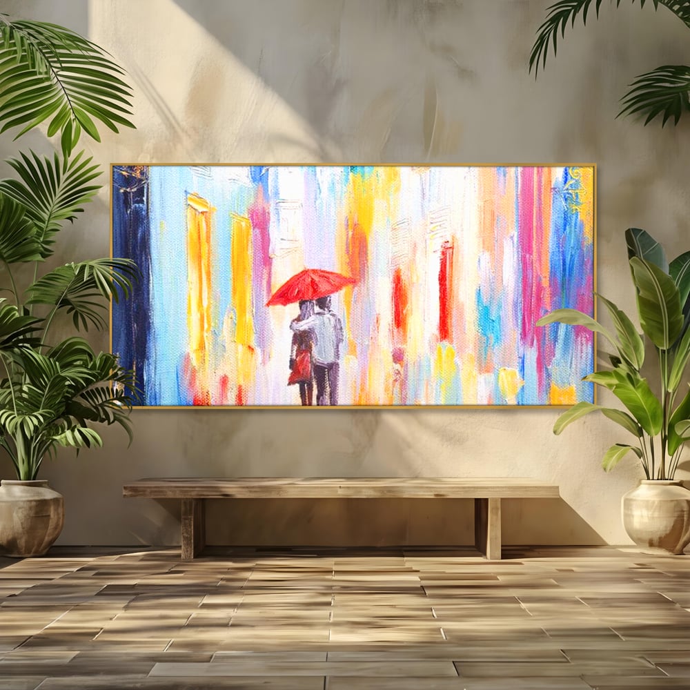 Tablou Canvas Premium LuxCanva® E1035, Ploaie Romantica, Colorit, Ploaie, Imbratisare, Armonie, Comunicare, Living Room, Culori vibrante