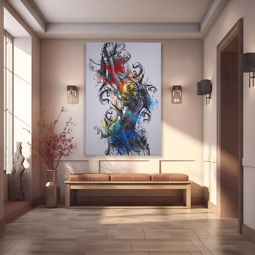 Tablou Canvas Premium LuxCanva® E1038, Femeie in Foc si Fum, Ardere, Foc, Fum, Femeie, Renastere, Living Room, Culori vibrante