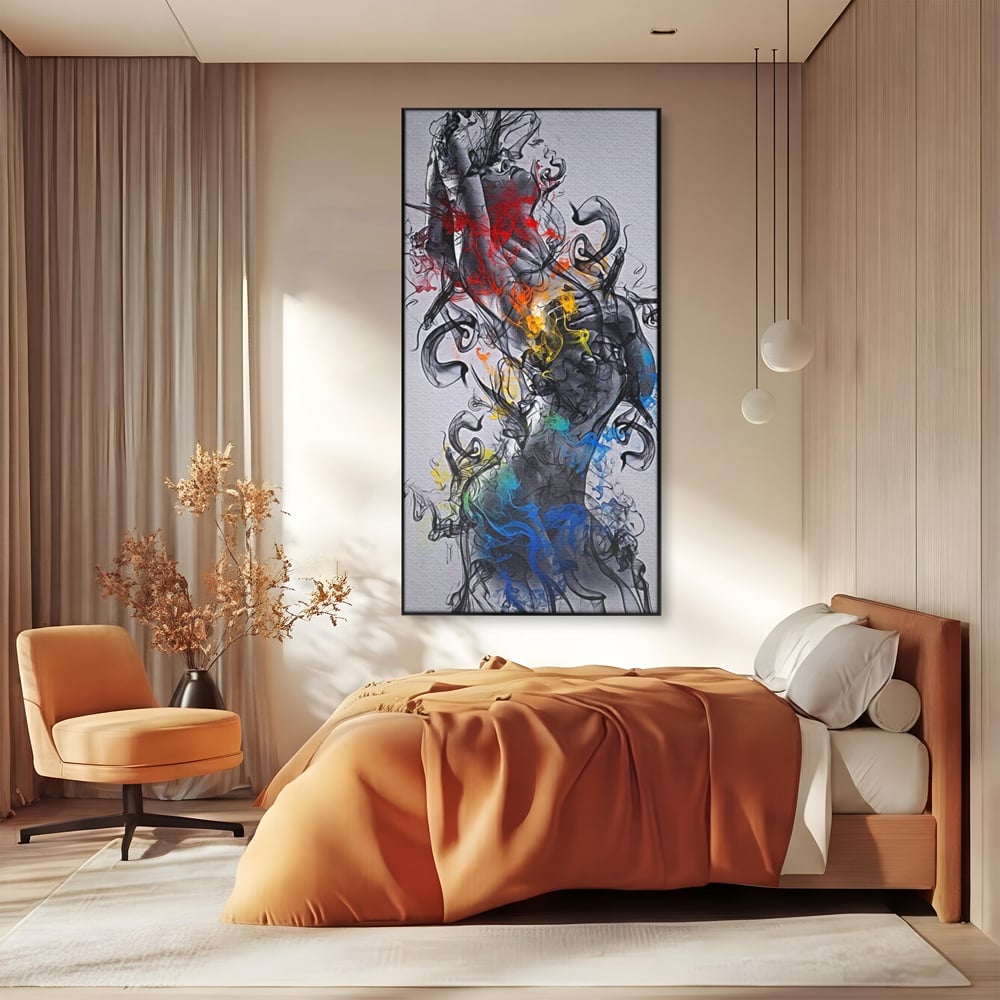 Tablou Canvas Premium LuxCanva® E1038, Femeie in Foc si Fum, Ardere, Foc, Fum, Femeie, Renastere, Living Room, Culori vibrante