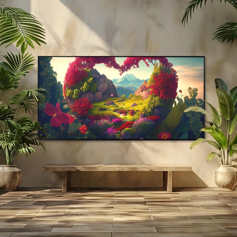 Leinwandbilder Leinwand Premium LuxCanva® E1041, Himmelsfang, Garten, Zuflucht, Paradies, Paradies, Himmel, Blumen, Wohnzimmer, Lebendige Farben