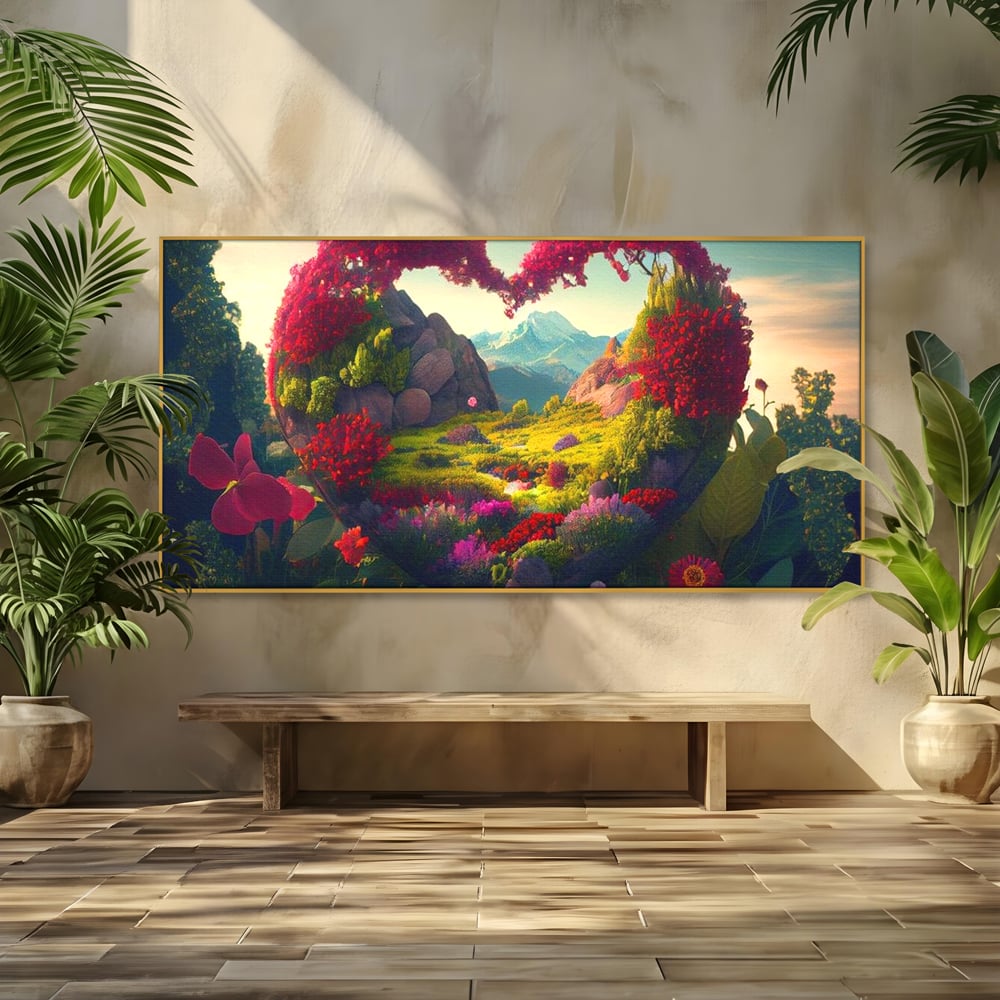 Leinwandbilder Leinwand Premium LuxCanva® E1041, Himmelsfang, Garten, Zuflucht, Paradies, Paradies, Himmel, Blumen, Wohnzimmer, Lebendige Farben