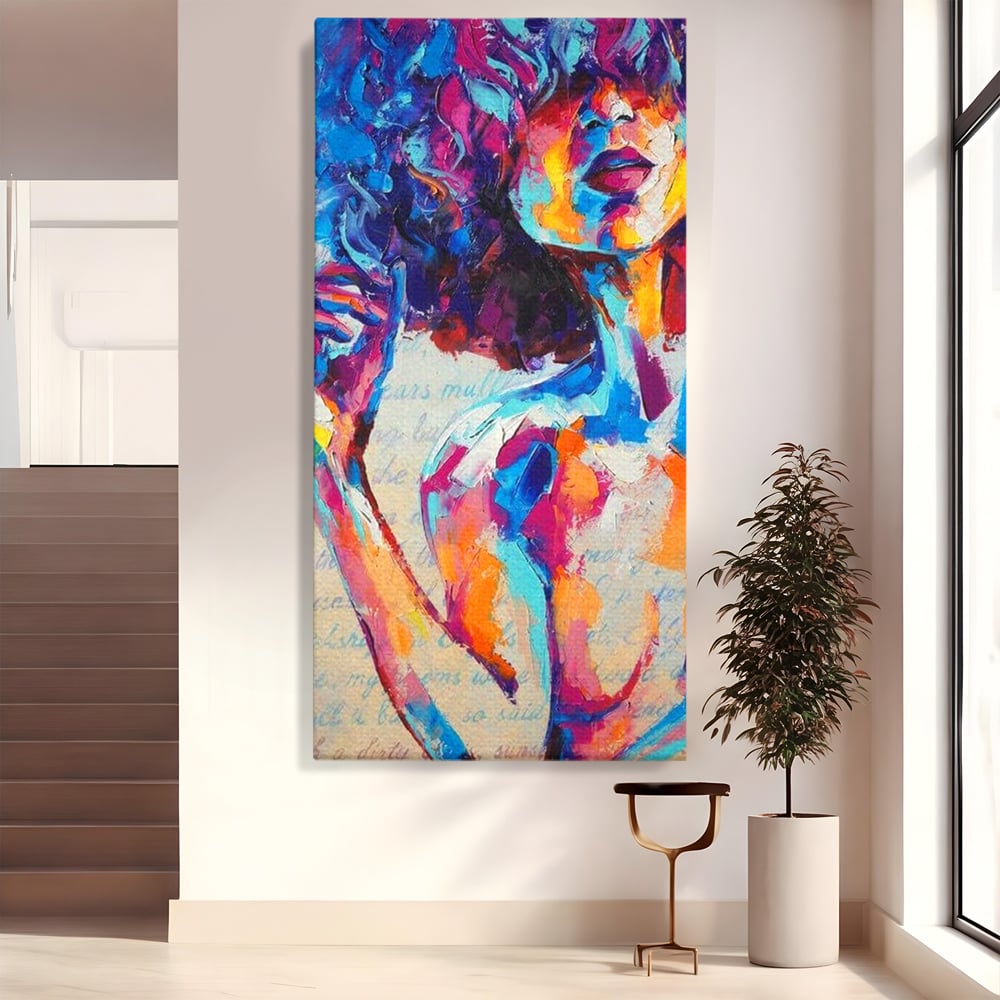 Tablou Canvas Premium LuxCanva® E1042, Femeia in Culori, Cromatic, Privire, Mister, Aparitie, Fotografie, Living Room, Culori vibrante