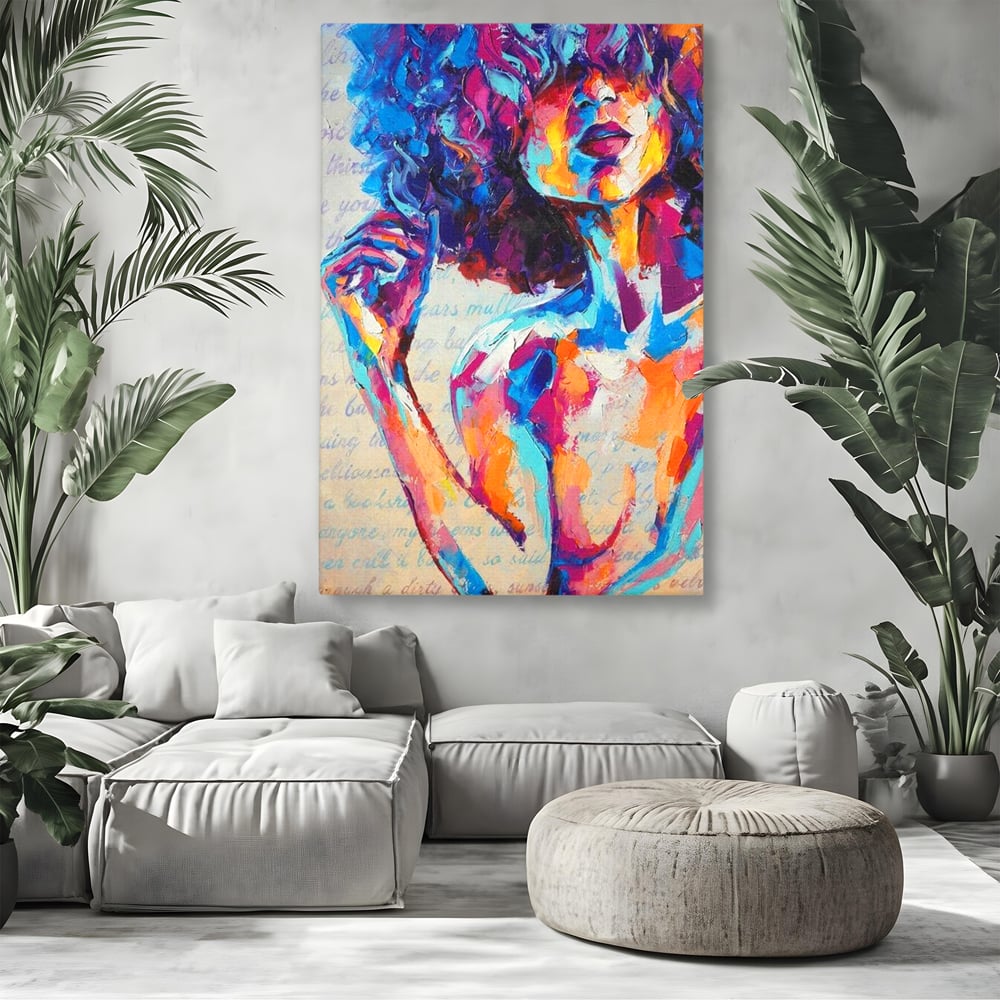 Tablou Canvas Premium LuxCanva® E1042, Femeia in Culori, Cromatic, Privire, Mister, Aparitie, Fotografie, Living Room, Culori vibrante