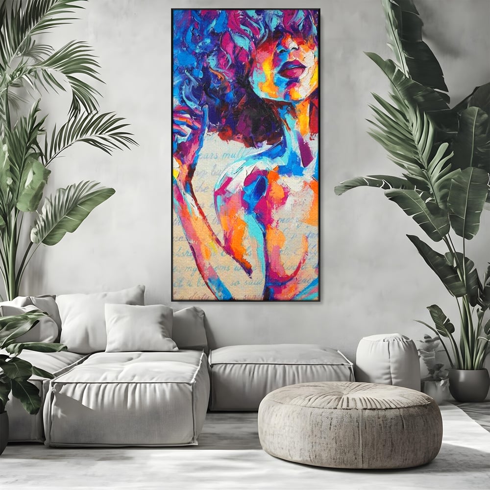 Tablou Canvas Premium LuxCanva® E1042, Femeia in Culori, Cromatic, Privire, Mister, Aparitie, Fotografie, Living Room, Culori vibrante