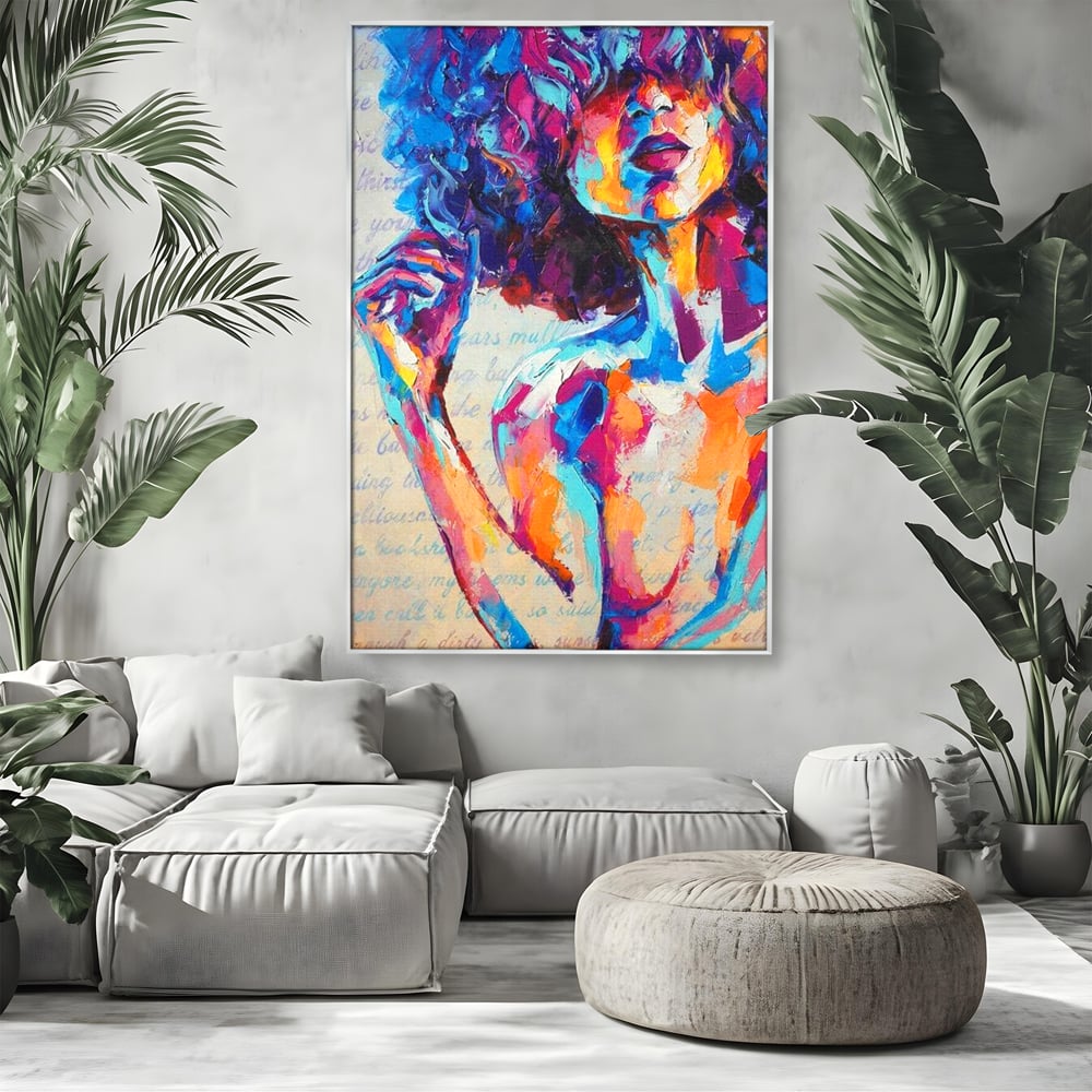 Tablou Canvas Premium LuxCanva® E1042, Femeia in Culori, Cromatic, Privire, Mister, Aparitie, Fotografie, Living Room, Culori vibrante