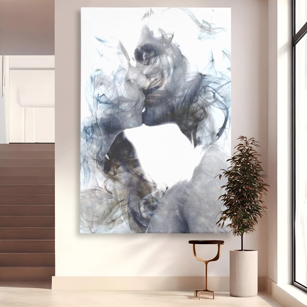 Tablou Canvas Premium LuxCanva® E1043, Sarut Romantic, Pop Art, Urban, Expresivitate, Pasiune, Buze, Alb, Living Room, Culori vibrante