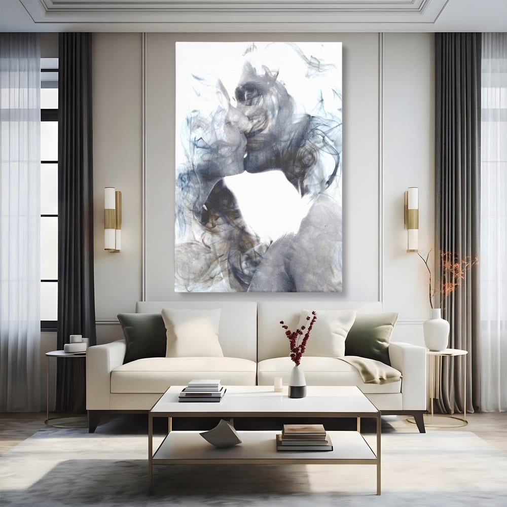 Tablou Canvas Premium LuxCanva® E1043, Sarut Romantic, Pop Art, Urban, Expresivitate, Pasiune, Buze, Alb, Living Room, Culori vibrante