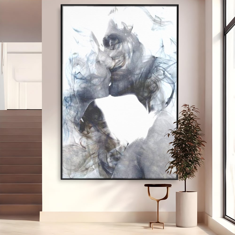 Tablou Canvas Premium LuxCanva® E1043, Sarut Romantic, Pop Art, Urban, Expresivitate, Pasiune, Buze, Alb, Living Room, Culori vibrante