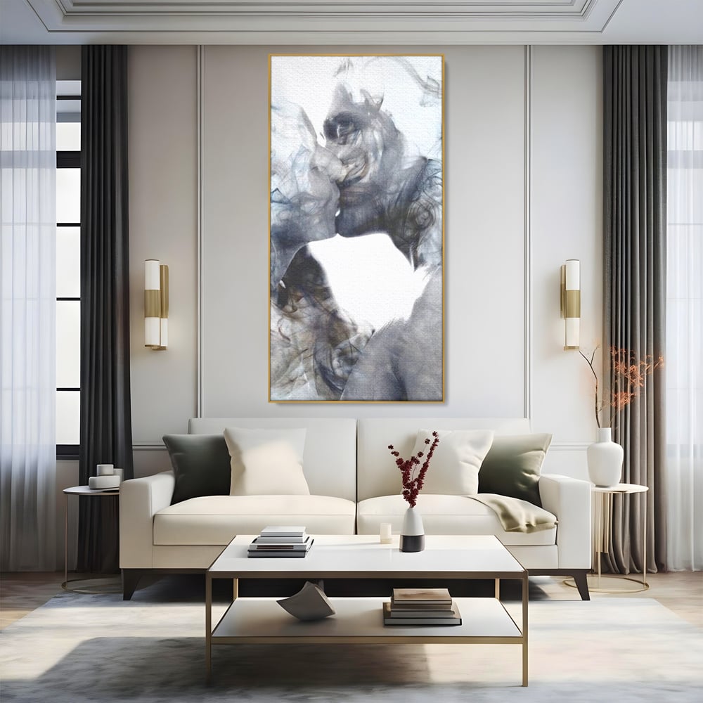 Tablou Canvas Premium LuxCanva® E1043, Sarut Romantic, Pop Art, Urban, Expresivitate, Pasiune, Buze, Alb, Living Room, Culori vibrante