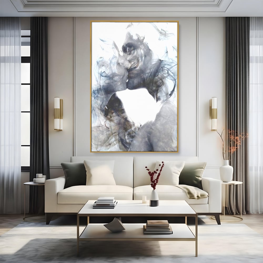 Tablou Canvas Premium LuxCanva® E1043, Sarut Romantic, Pop Art, Urban, Expresivitate, Pasiune, Buze, Alb, Living Room, Culori vibrante