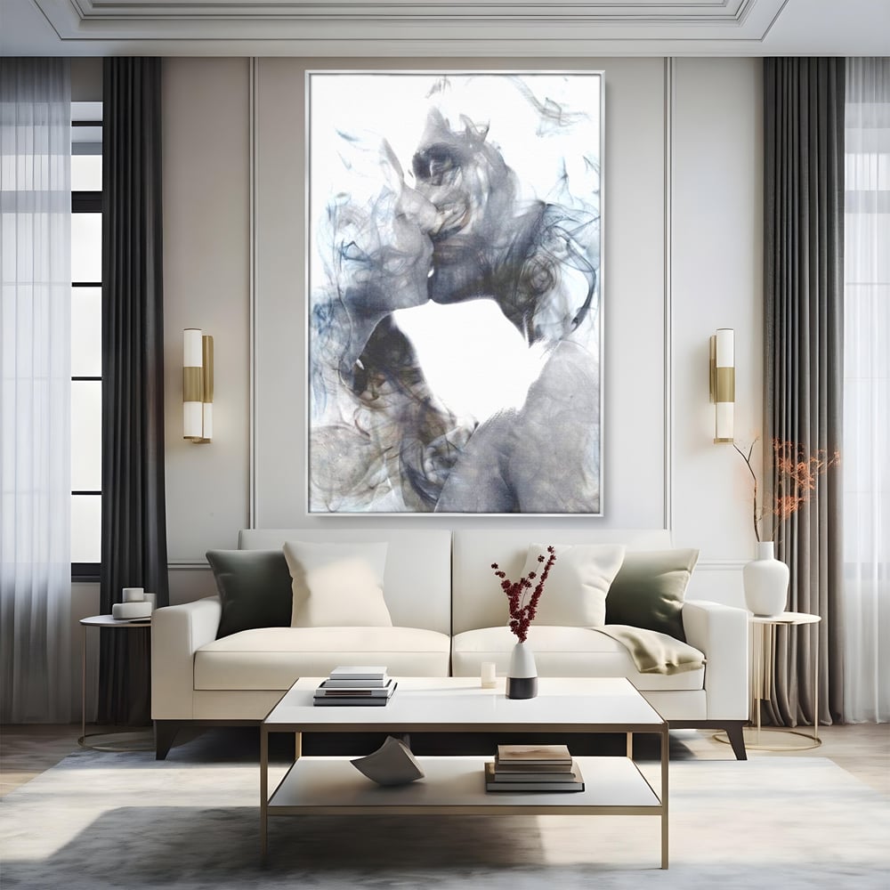 Tablou Canvas Premium LuxCanva® E1043, Sarut Romantic, Pop Art, Urban, Expresivitate, Pasiune, Buze, Alb, Living Room, Culori vibrante
