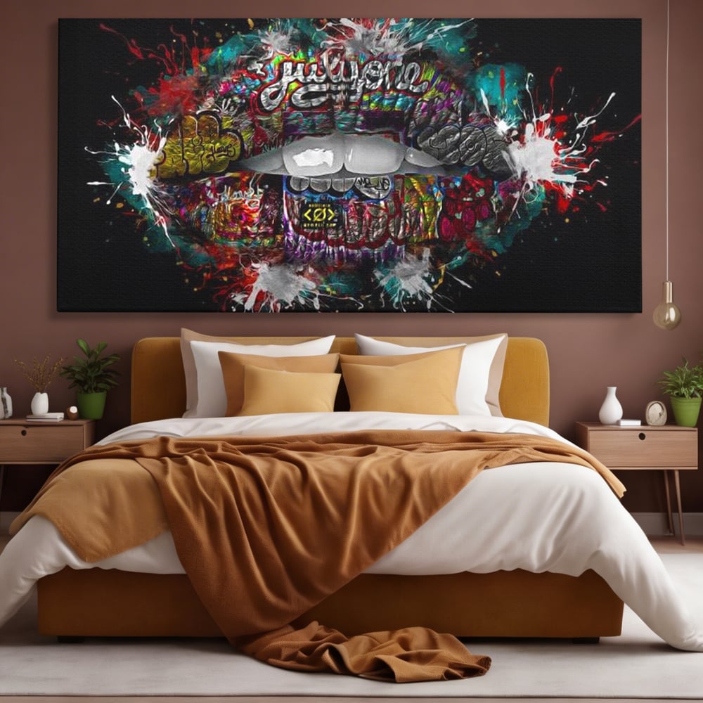Tablou Canvas Premium LuxCanva® E1044, Buze Graffiti, Pop Art, Urban, Expresivitate, Pasiune, Buze, Alb, Living Room, Culori vibrante