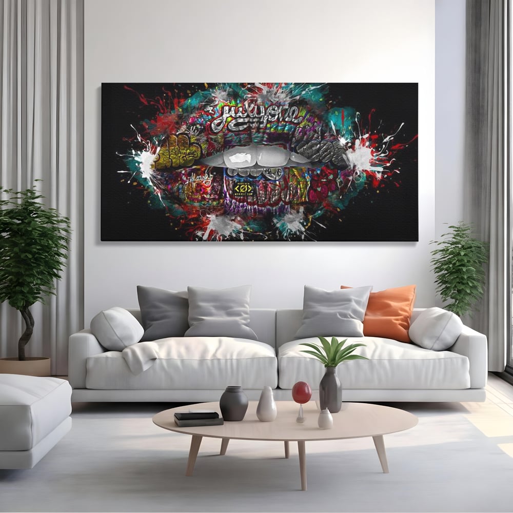 Tablou Canvas Premium LuxCanva® E1044, Buze Graffiti, Pop Art, Urban, Expresivitate, Pasiune, Buze, Alb, Living Room, Culori vibrante