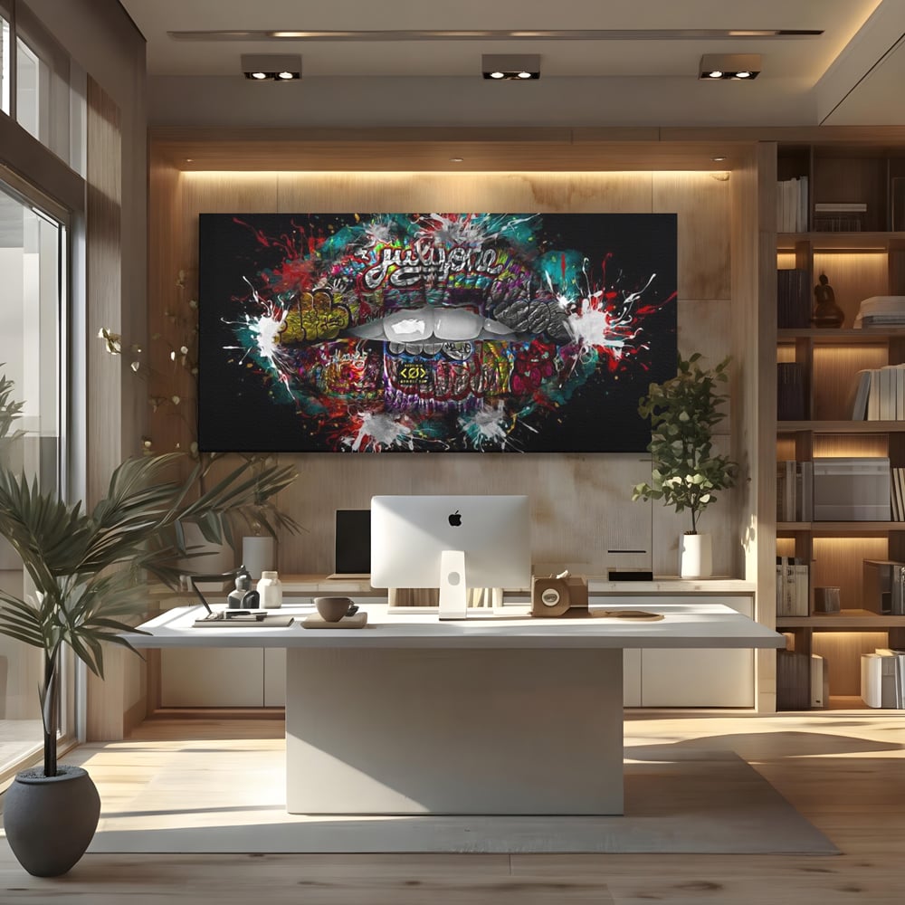 Tablou Canvas Premium LuxCanva® E1044, Buze Graffiti, Pop Art, Urban, Expresivitate, Pasiune, Buze, Alb, Living Room, Culori vibrante