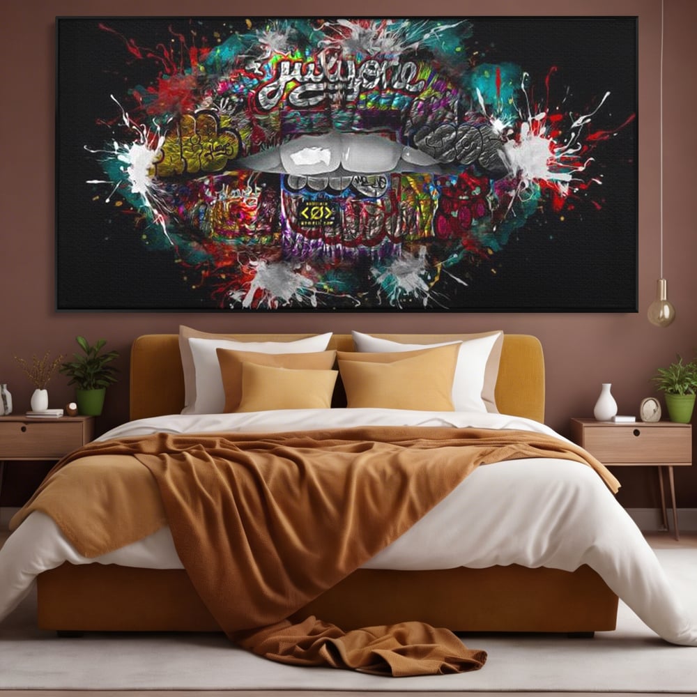 Tablou Canvas Premium LuxCanva® E1044, Buze Graffiti, Pop Art, Urban, Expresivitate, Pasiune, Buze, Alb, Living Room, Culori vibrante