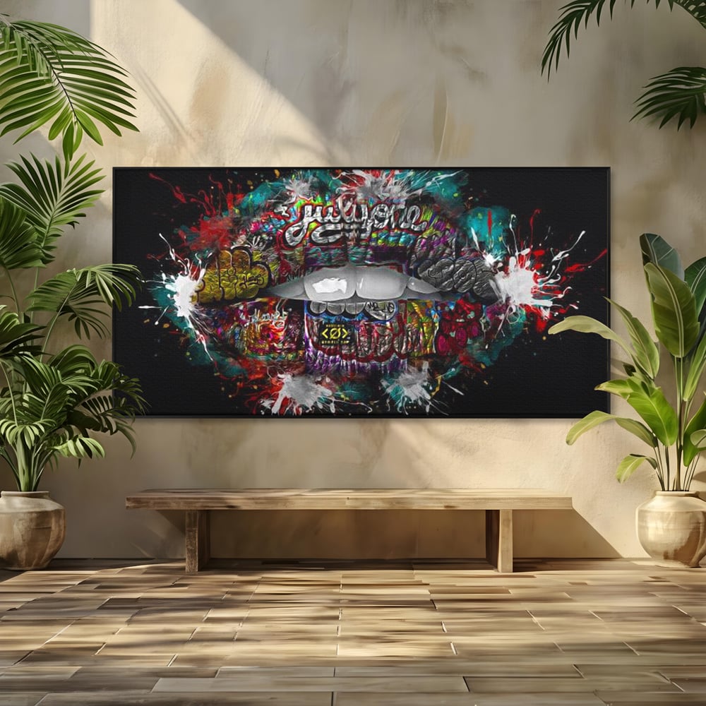 Tablou Canvas Premium LuxCanva® E1044, Buze Graffiti, Pop Art, Urban, Expresivitate, Pasiune, Buze, Alb, Living Room, Culori vibrante