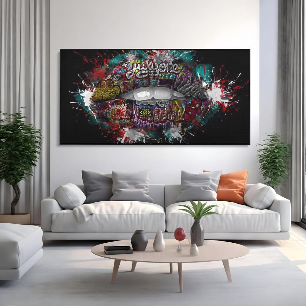 Tablou Canvas Premium LuxCanva® E1044, Buze Graffiti, Pop Art, Urban, Expresivitate, Pasiune, Buze, Alb, Living Room, Culori vibrante