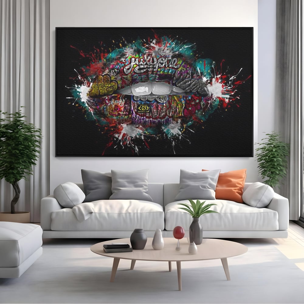 Tablou Canvas Premium LuxCanva® E1044, Buze Graffiti, Pop Art, Urban, Expresivitate, Pasiune, Buze, Alb, Living Room, Culori vibrante