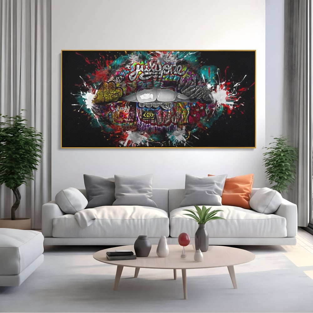 Tablou Canvas Premium LuxCanva® E1044, Buze Graffiti, Pop Art, Urban, Expresivitate, Pasiune, Buze, Alb, Living Room, Culori vibrante