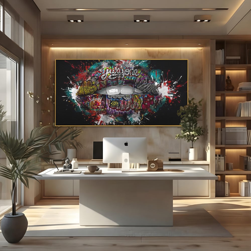 Tablou Canvas Premium LuxCanva® E1044, Buze Graffiti, Pop Art, Urban, Expresivitate, Pasiune, Buze, Alb, Living Room, Culori vibrante