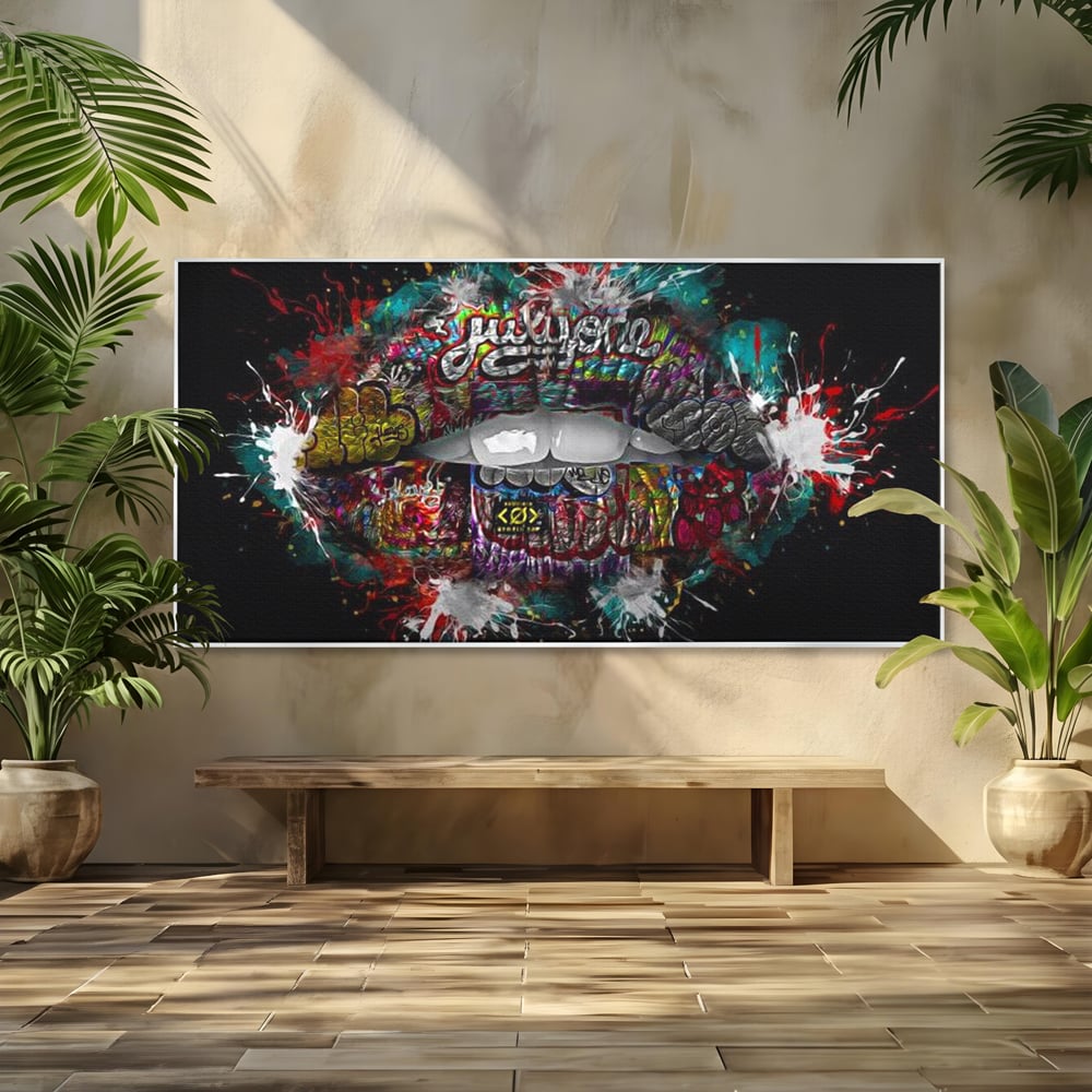 Tablou Canvas Premium LuxCanva® E1044, Buze Graffiti, Pop Art, Urban, Expresivitate, Pasiune, Buze, Alb, Living Room, Culori vibrante