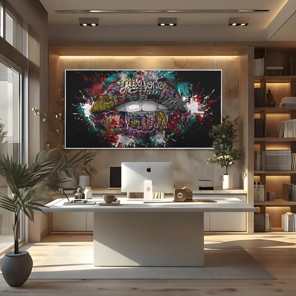 Tablou Canvas Premium LuxCanva® E1044, Buze Graffiti, Pop Art, Urban, Expresivitate, Pasiune, Buze, Alb, Living Room, Culori vibrante