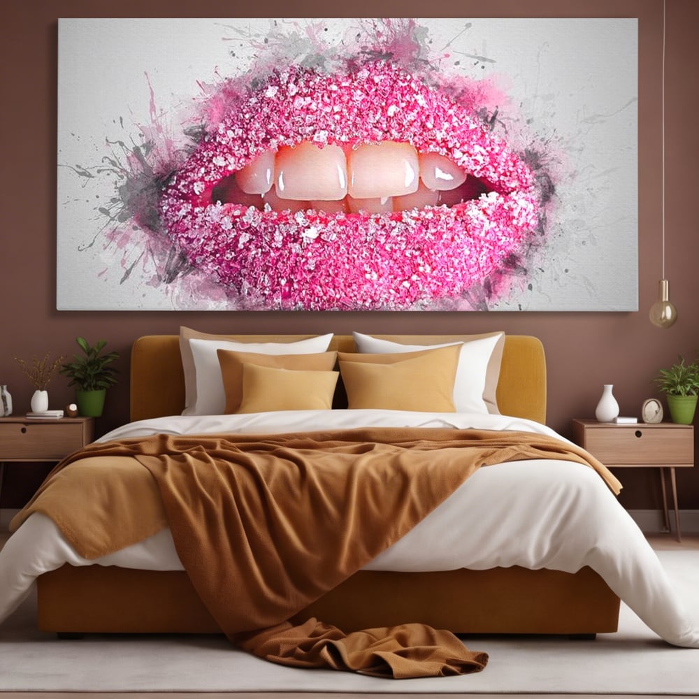 Leinwand Wandkunst Leinwand Wandkunst Premium LuxCanva® E1045, Rosa Lippen Süße, Kuss, Geschmack, Zucker, Genuss, Aroma, Wohnzimmer, kräftige Farben