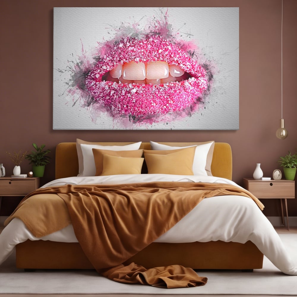 Leinwand Wandkunst Leinwand Wandkunst Premium LuxCanva® E1045, Rosa Lippen Süße, Kuss, Geschmack, Zucker, Genuss, Aroma, Wohnzimmer, kräftige Farben