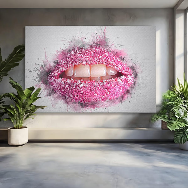 Leinwand Wandkunst Leinwand Wandkunst Premium LuxCanva® E1045, Rosa Lippen Süße, Kuss, Geschmack, Zucker, Genuss, Aroma, Wohnzimmer, kräftige Farben