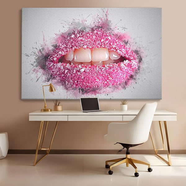 Leinwand Wandkunst Leinwand Wandkunst Premium LuxCanva® E1045, Rosa Lippen Süße, Kuss, Geschmack, Zucker, Genuss, Aroma, Wohnzimmer, kräftige Farben