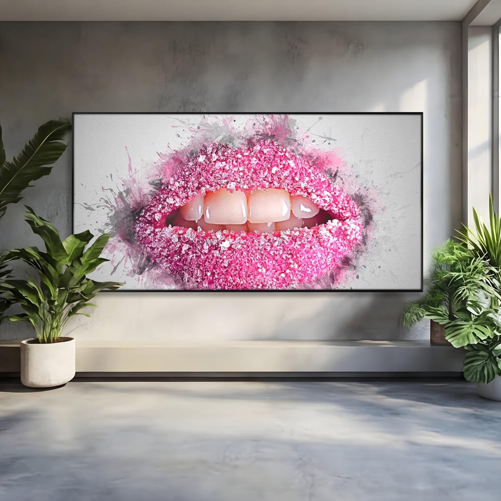 Leinwand Wandkunst Leinwand Wandkunst Premium LuxCanva® E1045, Rosa Lippen Süße, Kuss, Geschmack, Zucker, Genuss, Aroma, Wohnzimmer, kräftige Farben