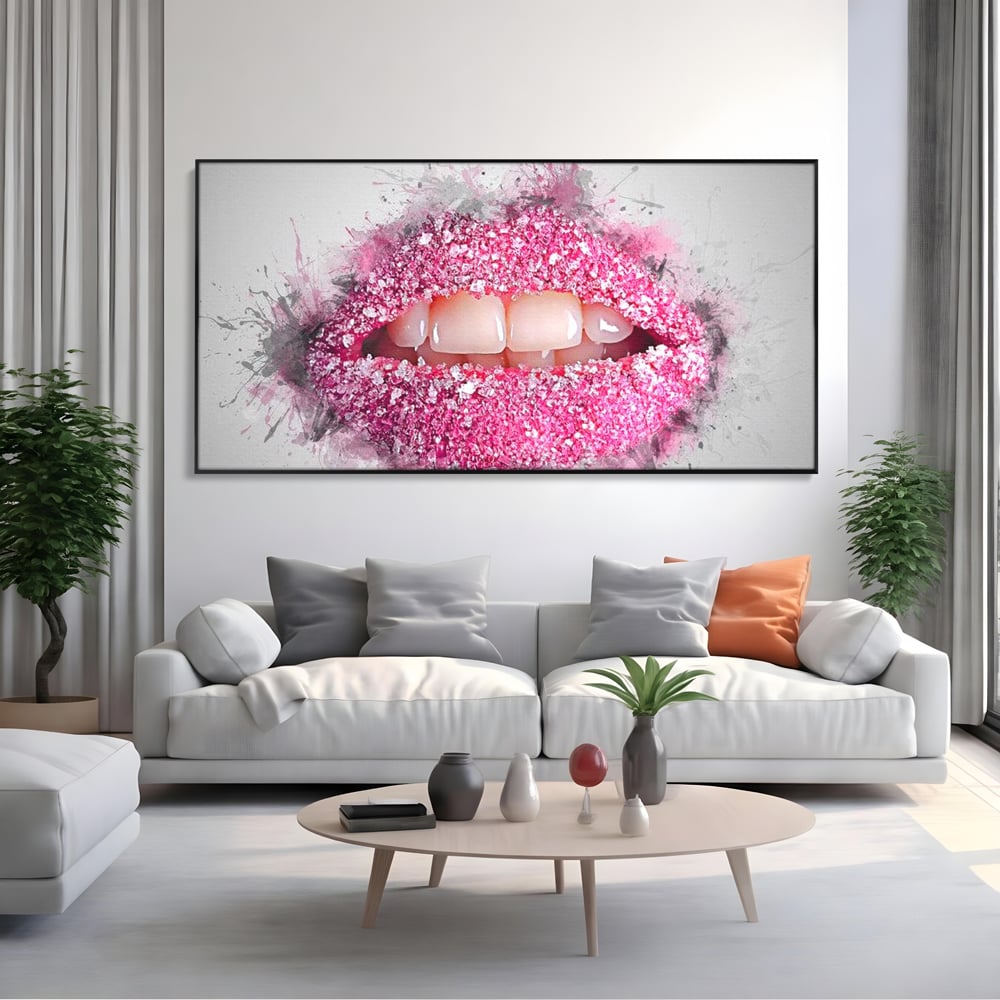 Leinwand Wandkunst Leinwand Wandkunst Premium LuxCanva® E1045, Rosa Lippen Süße, Kuss, Geschmack, Zucker, Genuss, Aroma, Wohnzimmer, kräftige Farben