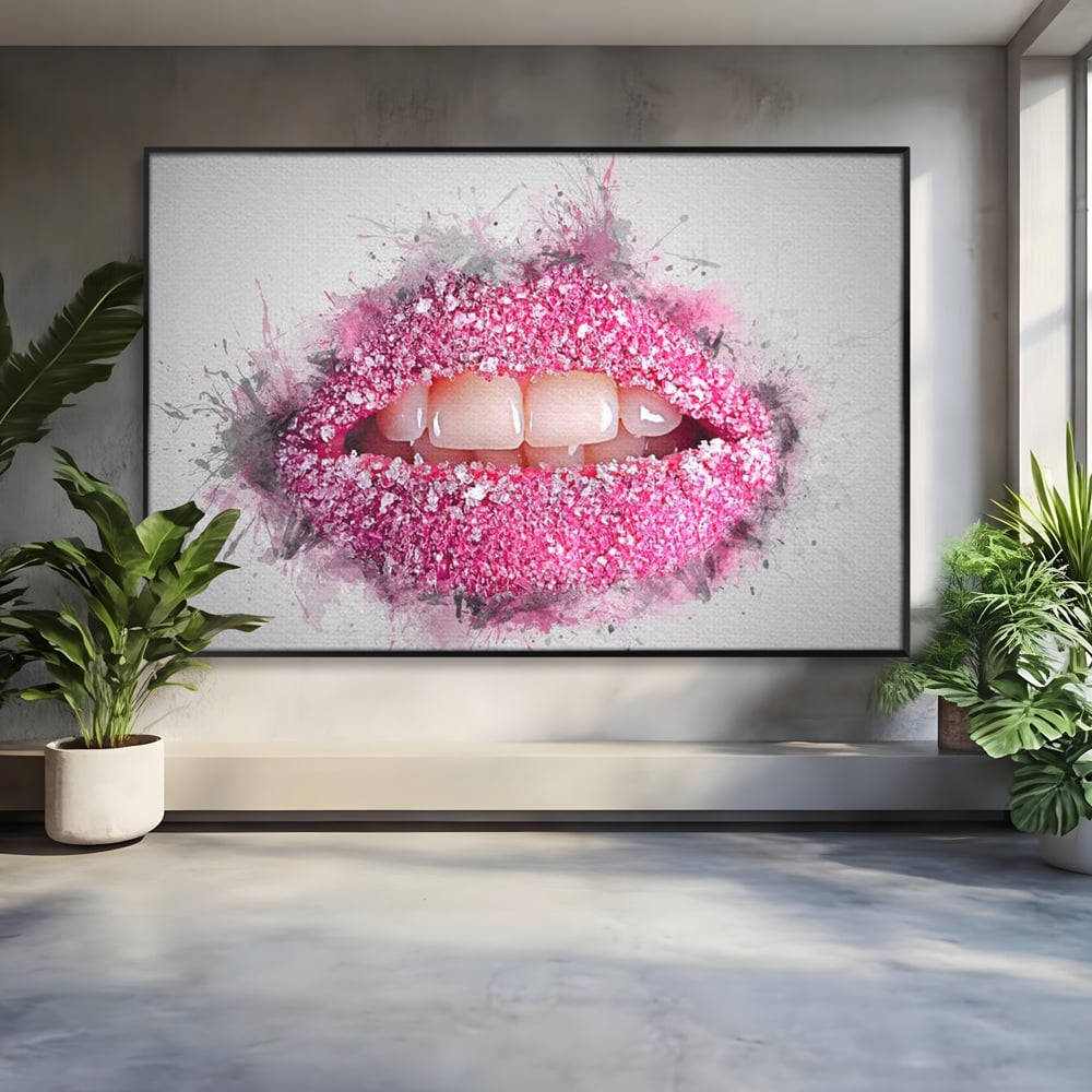 Leinwand Wandkunst Leinwand Wandkunst Premium LuxCanva® E1045, Rosa Lippen Süße, Kuss, Geschmack, Zucker, Genuss, Aroma, Wohnzimmer, kräftige Farben