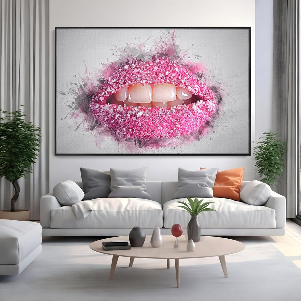 Leinwand Wandkunst Leinwand Wandkunst Premium LuxCanva® E1045, Rosa Lippen Süße, Kuss, Geschmack, Zucker, Genuss, Aroma, Wohnzimmer, kräftige Farben