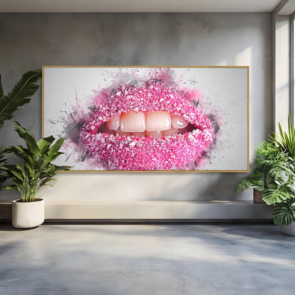 Leinwand Wandkunst Leinwand Wandkunst Premium LuxCanva® E1045, Rosa Lippen Süße, Kuss, Geschmack, Zucker, Genuss, Aroma, Wohnzimmer, kräftige Farben