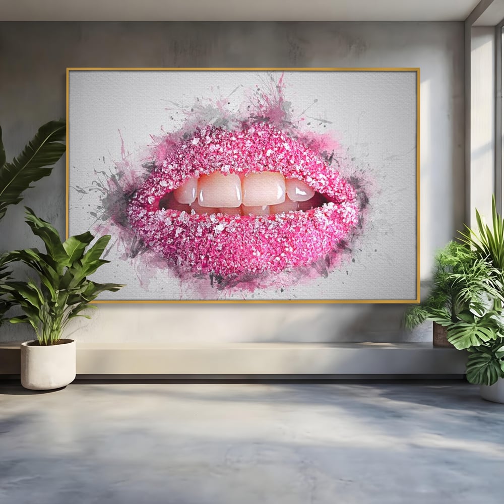 Leinwand Wandkunst Leinwand Wandkunst Premium LuxCanva® E1045, Rosa Lippen Süße, Kuss, Geschmack, Zucker, Genuss, Aroma, Wohnzimmer, kräftige Farben