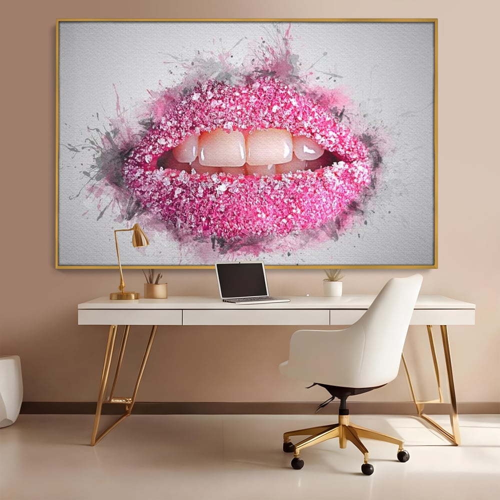 Leinwand Wandkunst Leinwand Wandkunst Premium LuxCanva® E1045, Rosa Lippen Süße, Kuss, Geschmack, Zucker, Genuss, Aroma, Wohnzimmer, kräftige Farben