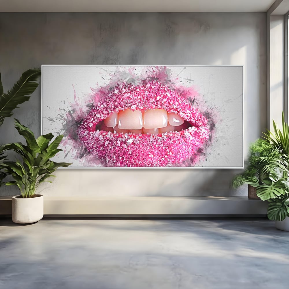 Leinwand Wandkunst Leinwand Wandkunst Premium LuxCanva® E1045, Rosa Lippen Süße, Kuss, Geschmack, Zucker, Genuss, Aroma, Wohnzimmer, kräftige Farben