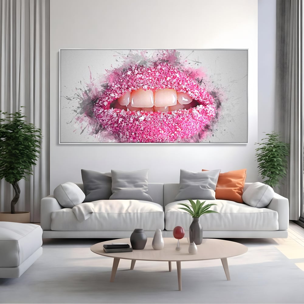 Leinwand Wandkunst Leinwand Wandkunst Premium LuxCanva® E1045, Rosa Lippen Süße, Kuss, Geschmack, Zucker, Genuss, Aroma, Wohnzimmer, kräftige Farben