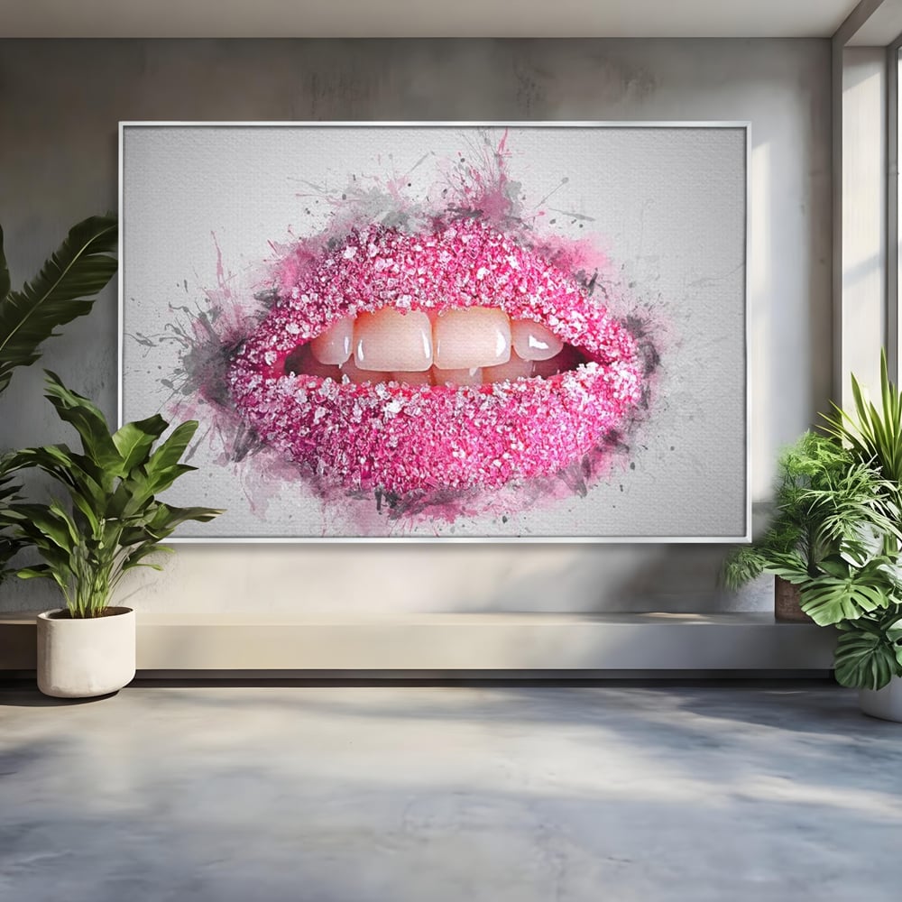 Leinwand Wandkunst Leinwand Wandkunst Premium LuxCanva® E1045, Rosa Lippen Süße, Kuss, Geschmack, Zucker, Genuss, Aroma, Wohnzimmer, kräftige Farben