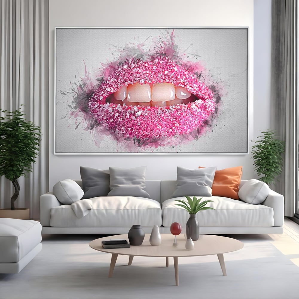 Leinwand Wandkunst Leinwand Wandkunst Premium LuxCanva® E1045, Rosa Lippen Süße, Kuss, Geschmack, Zucker, Genuss, Aroma, Wohnzimmer, kräftige Farben