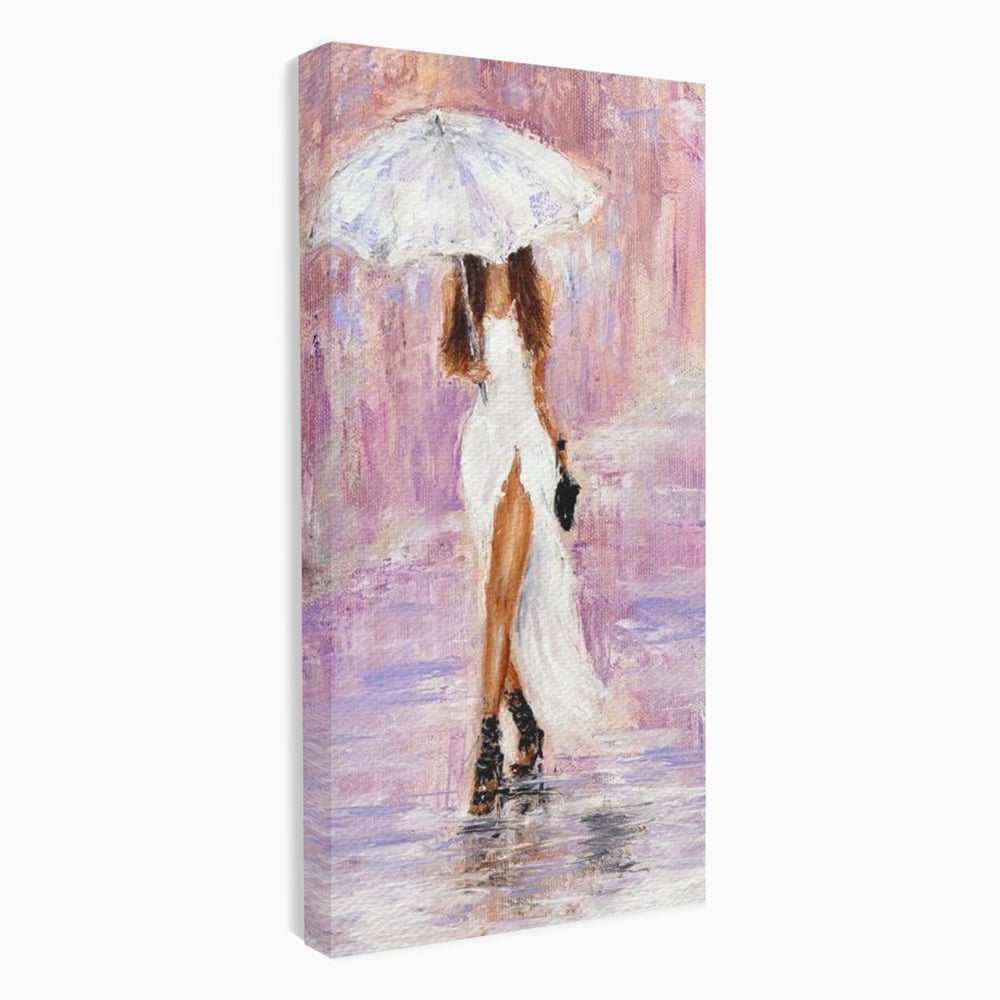 Tablou Canvas Premium LuxCanva® E1046, Femeia cu Umbrela Alba, Feminitate, Rafinament, Solitudine, Ploaie, Umbrela, Living Room, Culori vibrante